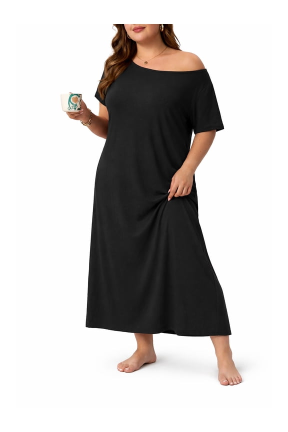Womens Plus Size Nightgown Short Sleeve Lounge Dresse Casual Comfy with Pockets For Daily Wear Black 2X
