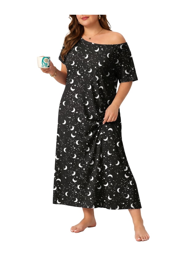Womens Plus Size Nightgown Short Sleeve Lounge Dresse Casual Comfy with Pockets For Daily Wear Black Star Moon 3X