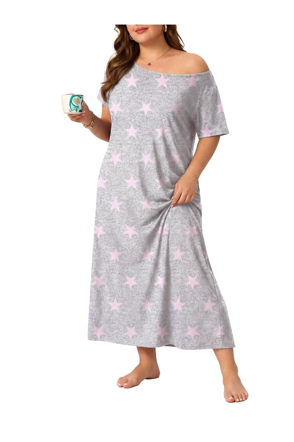 Womens Plus Size Nightgown Short Sleeve Lounge Dresse Casual Comfy with Pockets For Daily Wear Pink Star 3X