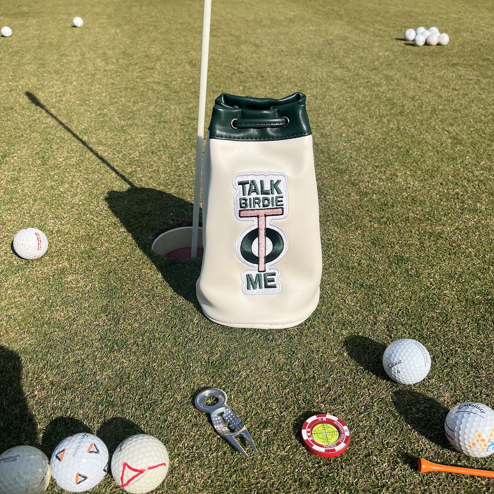 PINKTEE Golf Valuables Pouch Ball Sack with Drawstrings Leather Bucket Waist Design Golf Tee Pouch Golf Bag (TALK BIRDIE TO ME)