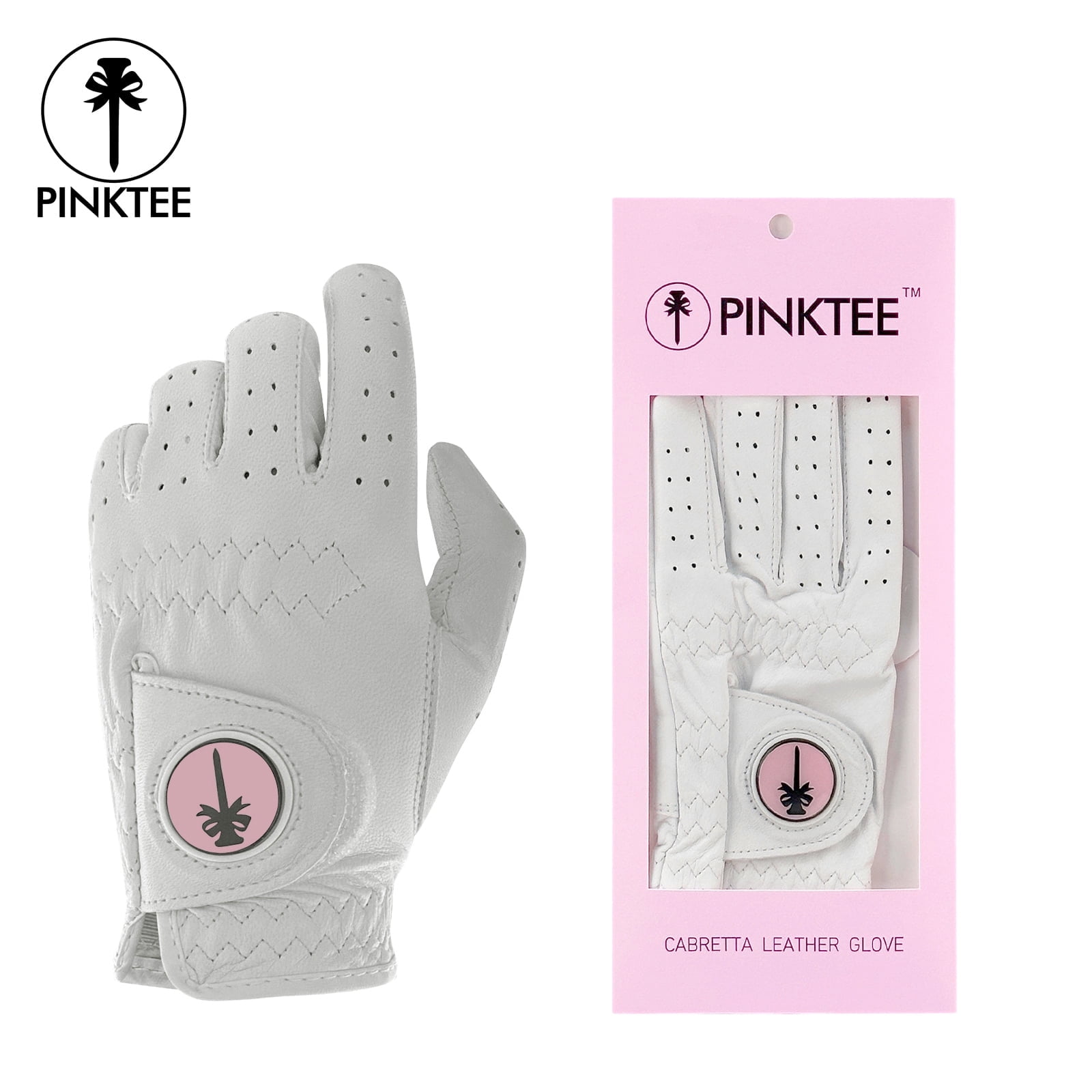 PINKTEE Womens Golf Glove White Left Hand Cabretta Leather with Ball Marker Full Finger Fit Size s m L Xl