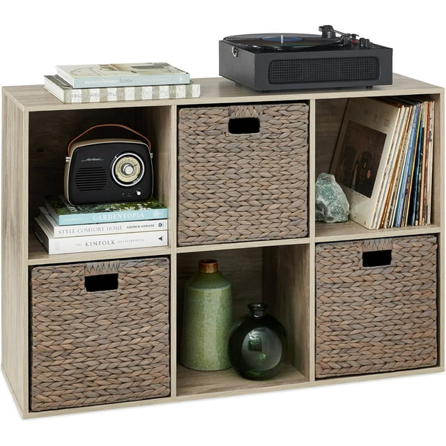 PINKYA 6-Cube Storage Organizer, 13.5in Shelf Opening, Bookcase, Display Shelf, Customizable w/ 3 Removable Back Panels – Greige