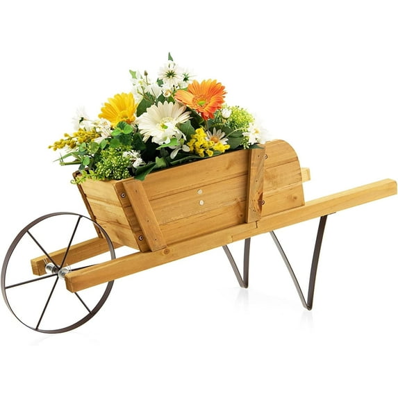 PINKYA Wheelbarrow Wagon Plant, Small Solid Pine Wood Flower Pot with Triangular Metal Support, 2 Energy-Saving Handles, Movable Wheel, Rustic Wood Garden Planter Decoration, Walnut