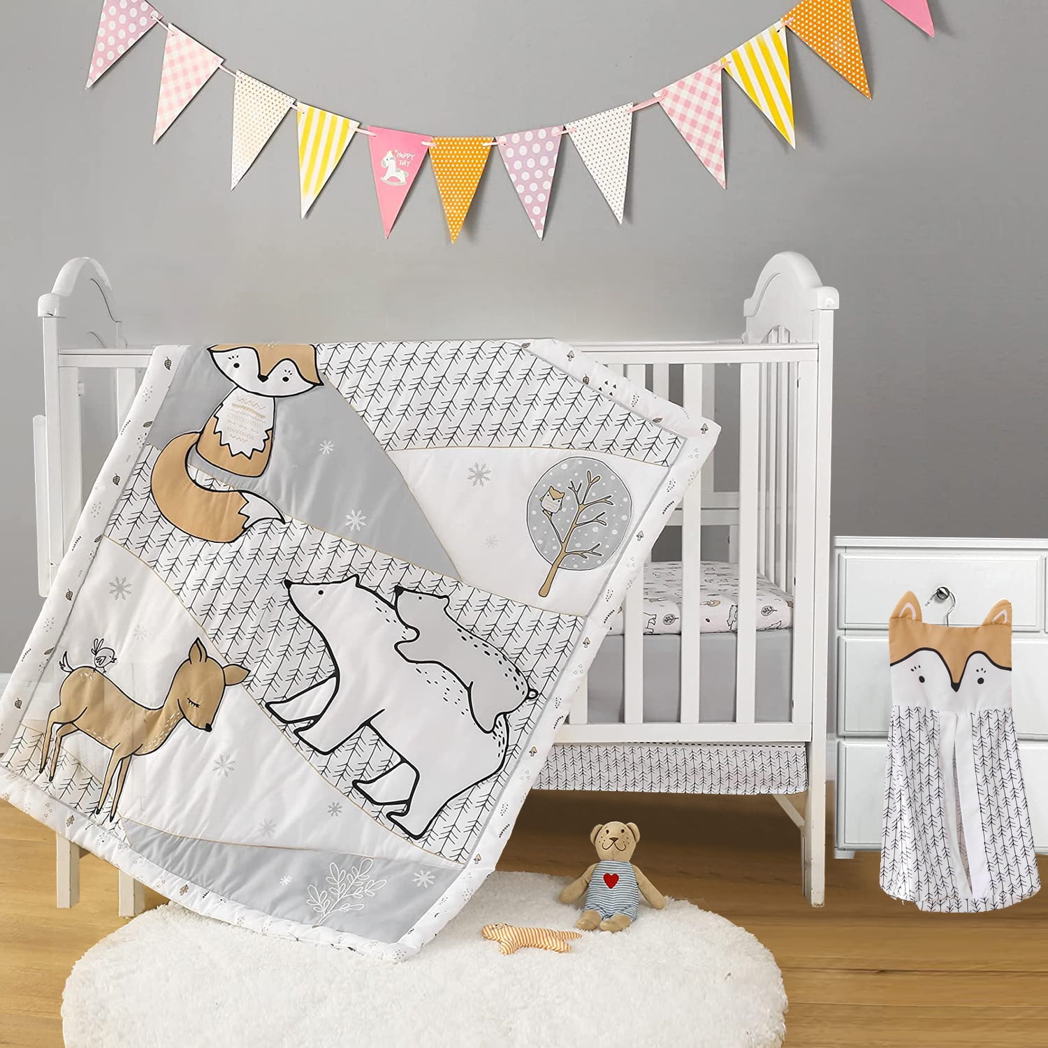 PINNKKU Woodland Winter Forest Animal Crib Bedding Set for Baby