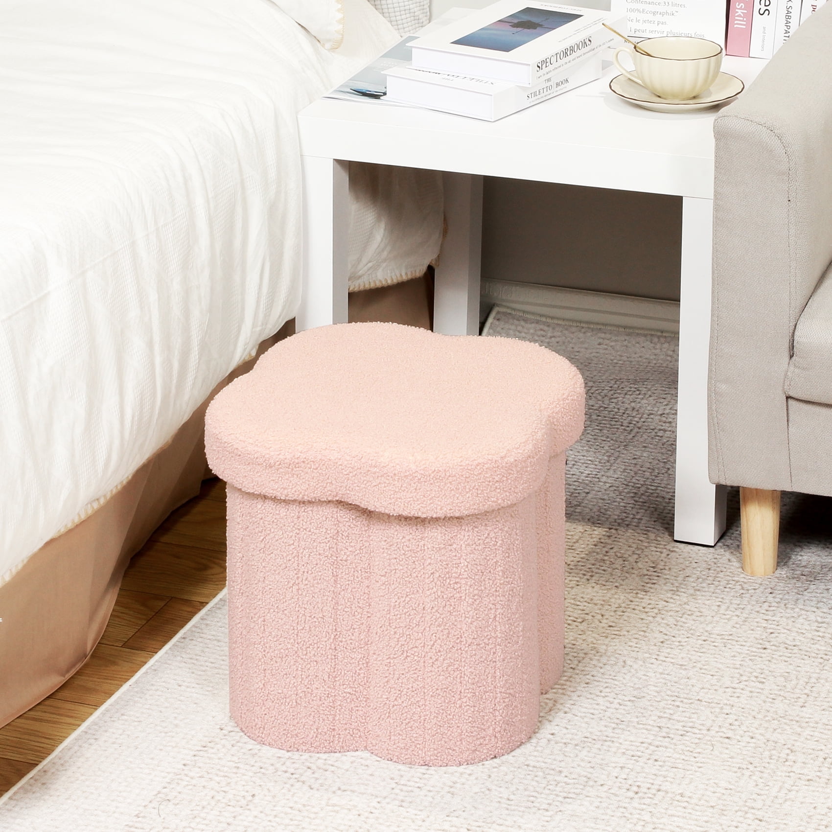 Pink Faux Teddy Fur Flower Shaped Storage Ottoman