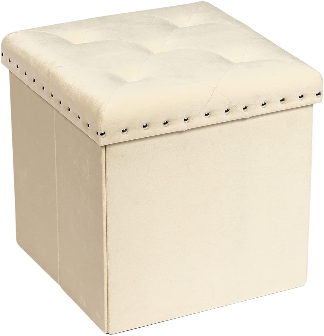 PINPLUS 15.7" Beige Velvet Folding Storage Ottoman Cube, Small Foot Rest Stool, Window Seat for Living Room, Toy Chest Box with Rivet Tray - image 1 of 7