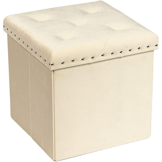 PINPLUS 15.7" Beige Velvet Folding Storage Ottoman Cube, Small Foot Rest Stool, Window Seat for Living Room, Toy Chest Box with Rivet Tray