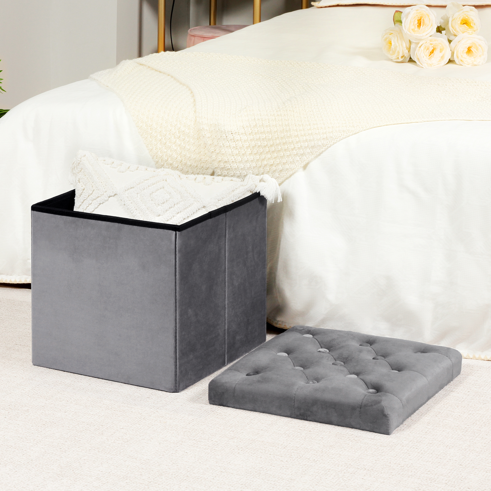 PINPLUS 15.7" Folding Grey Velvet Ottoman Storage Box, Footstool for Living Room,Foot Rest Seat with Lid - image 1 of 10