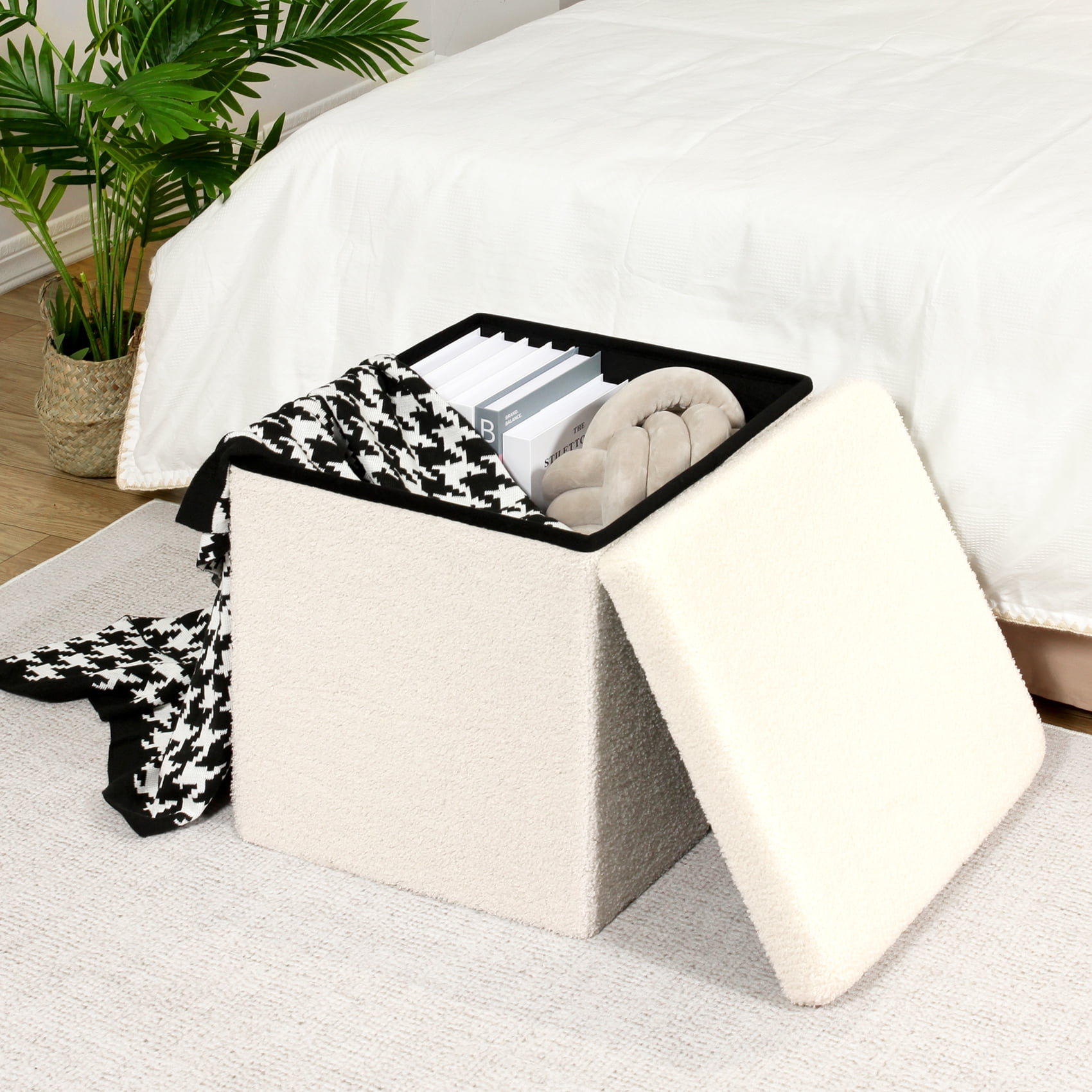 PINPLUS 15.7" Folding Storage Ottoman Cube,Foot Rest Stool Seat for Living Room,White,Sherpa Fabric