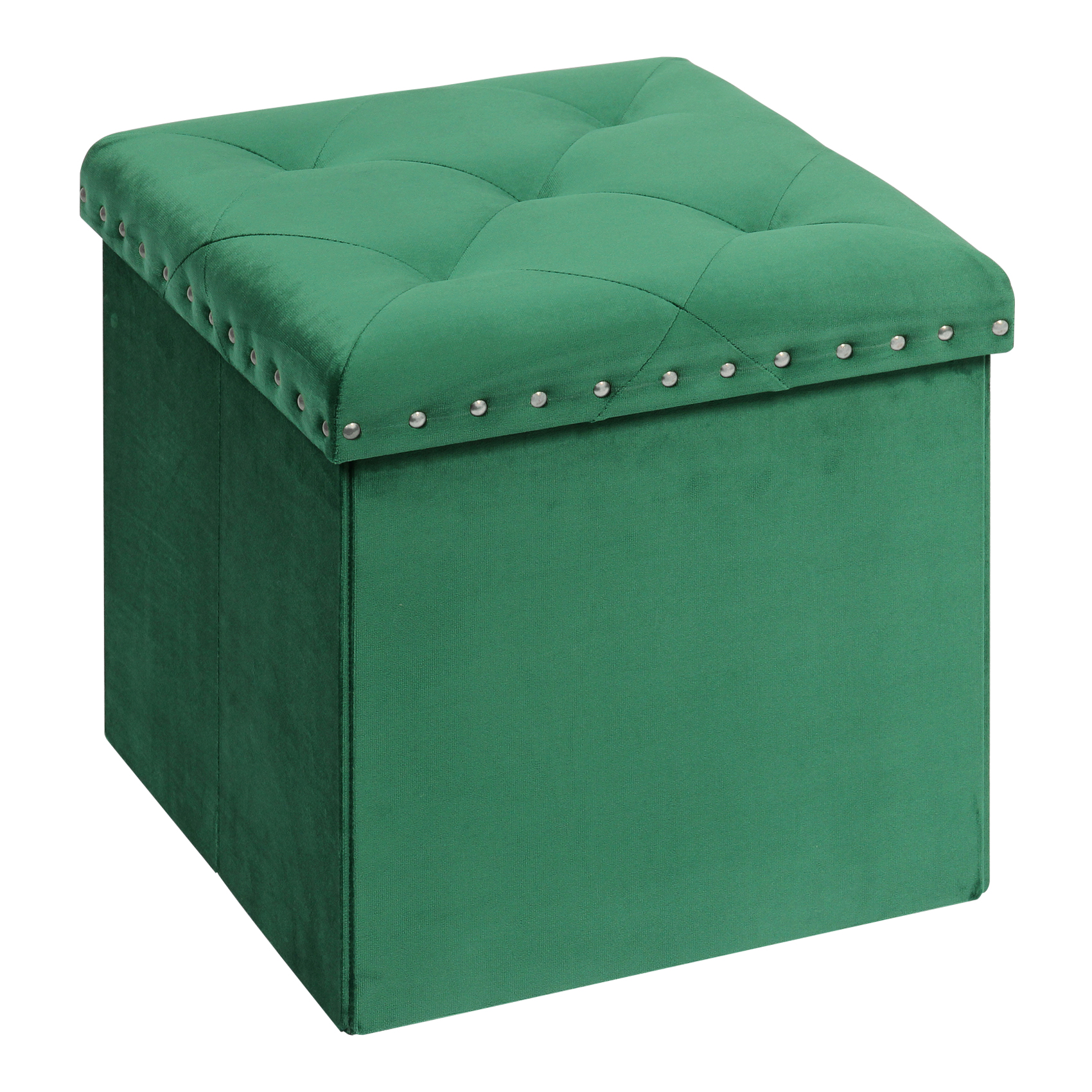 PINPLUS 15.7" Green Velvet Folding Storage Ottoman Cube, Small Foot Rest Stool, Window Seat for Living Room, Toy Chest Box with Rivet Tray - image 1 of 5