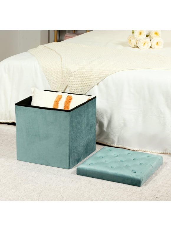 PINPLUS 15.7" Teal Storage Ottoman Velvet Tufted Folding Ottomans Footstool Rest Seat with Removable Lid