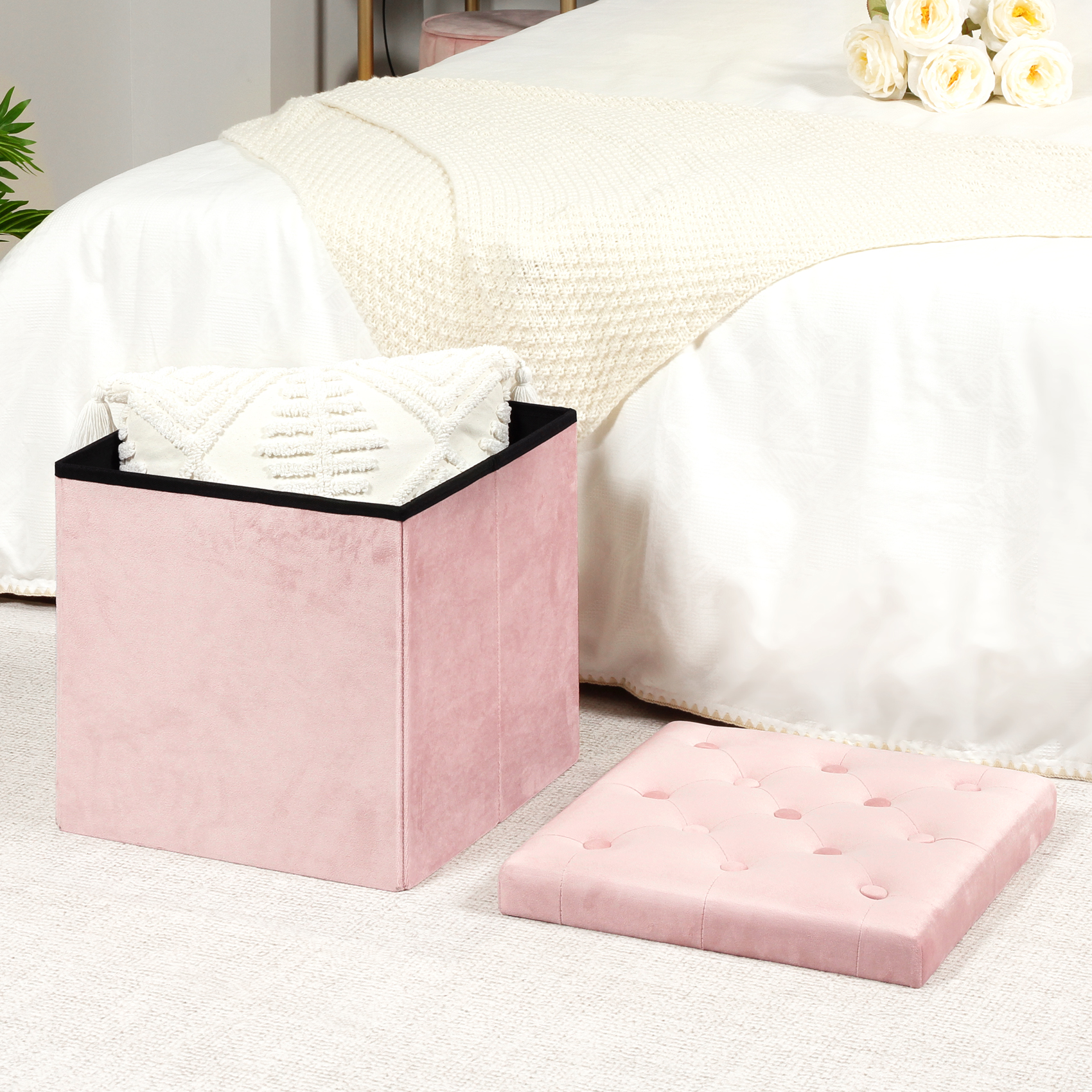 PINPLUS 15.7" Velvet Ottoman with Storage Cube, Folding Rest Seat with Removable Lid, Footstool for Living Room, Pink - image 1 of 7