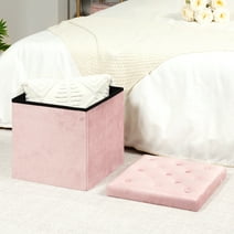 PINPLUS 15.7" Velvet Ottoman with Storage Cube, Folding Rest Seat with Removable Lid, Footstool for Living Room, Pink