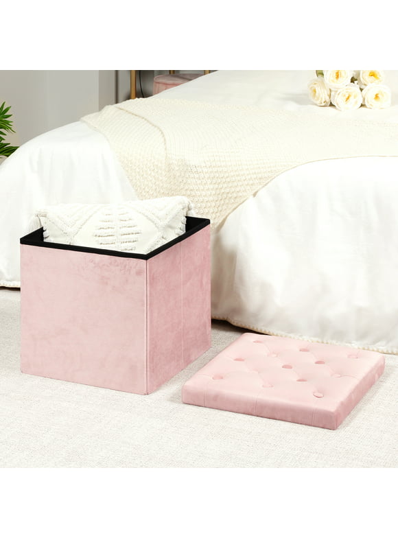 PINPLUS 15.7" Velvet Ottoman with Storage Cube, Folding Rest Seat with Removable Lid, Footstool for Living Room, Pink