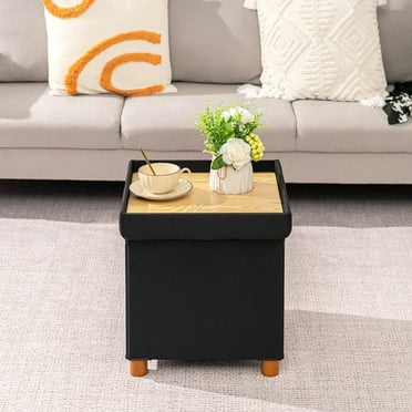 PINPLUS 15" Footstool for Living Room,Black Ottoman Storage Box with 4 Wood Legs,Folding Ottoman Coffee Table with Storage