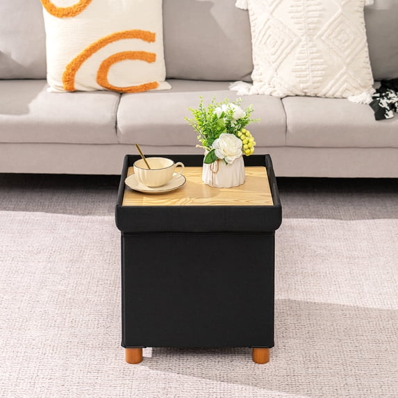 PINPLUS 15" Footstool for Living Room,Black Ottoman Storage Box with 4 Wood Legs,Folding Ottoman Coffee Table with Storage