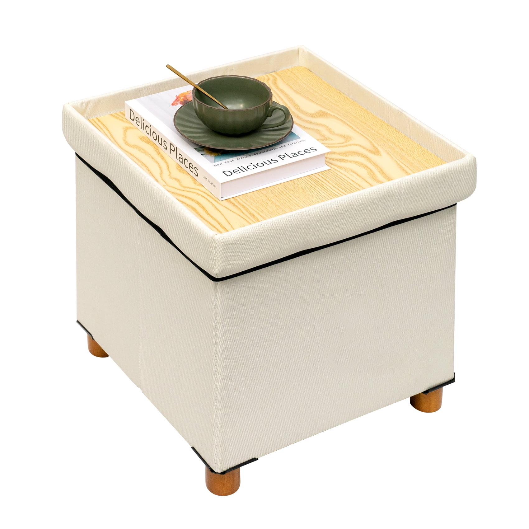 PINPLUS 15" Footstool for Living Room,White Ottoman Storage Box with 4 Wood Legs,Folding Ottoman