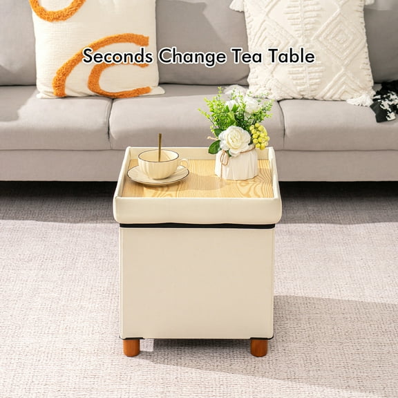 PINPLUS Storage Ottoman, Ottoman Cube with Tray& Wood Legs, Footstool with Storage for Bedroom Living Room Dorm, White 15 x 15 x 15.7 Inches