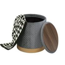 PINPLUS 15" Round Storage Ottoman with Tray Gold Edge Stool Leg Foot Rest for Living Room Gray,Velvet Fabric