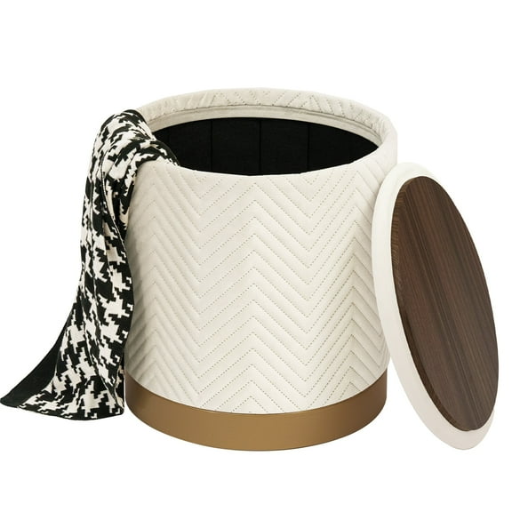 PINPLUS 15" Round Storage Ottoman with Tray Gold Edge Stool Leg Foot Rest for Living Room White,Velvet Fabric