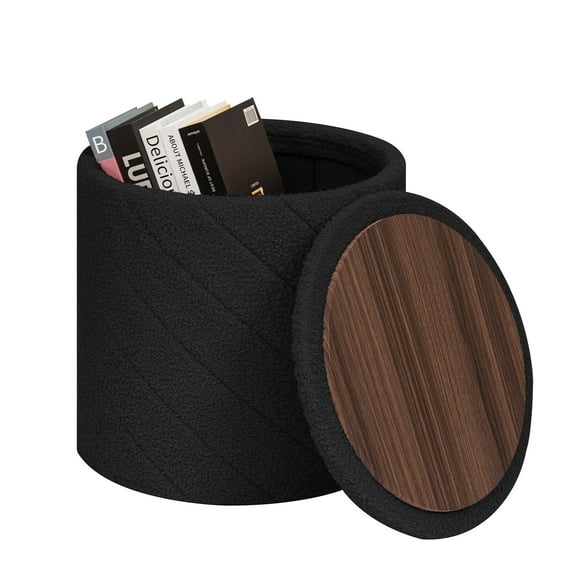 PINPLUS 16.9" Storage Ottoman with Tray Collapsible Foot Rest Stool Seat for Living Room Black,Sherpa Fabric