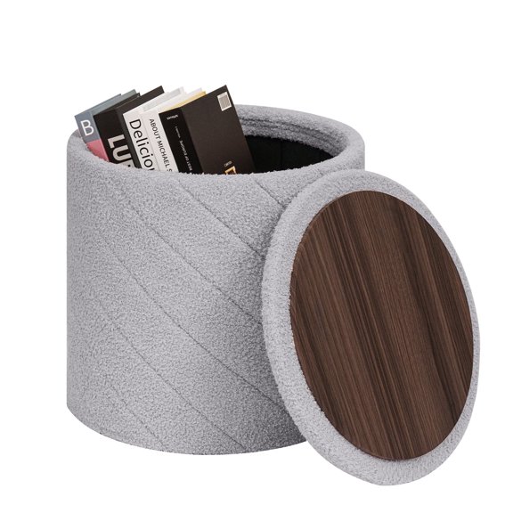 PINPLUS 16.9" Storage Ottoman with Tray Collapsible Foot Rest Stool Seat for Living Room Grey,Sherpa Fabric