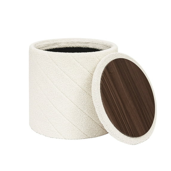 PINPLUS 16.9" Storage Ottoman with Tray Collapsible Foot Rest Stool Seat for Living Room White,Sherpa Fabric