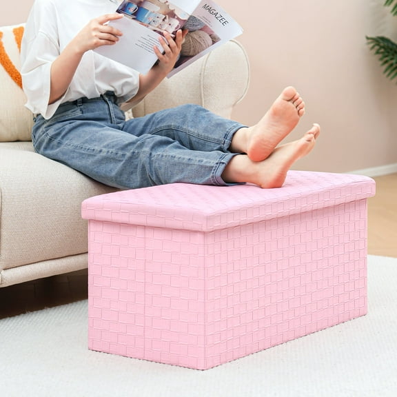 PINPLUS 30" Folding Storage Ottoman Bench, Faux Leather Footstool for Living Room,Toy Chest for Gril, Pink