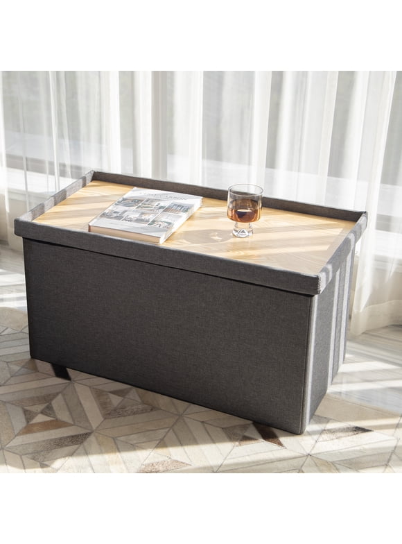 PINPLUS 30 " Ottoman with Storage Bench, Folable Ottoman Coffee Table with Tray, Foot Rest,Toy Chest Box for Living Room, Bedroom ,Linen Fabric (Grey)