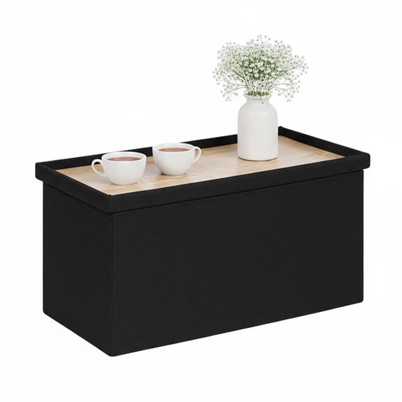 PINPLUS 30 " Ottoman with Storage Bench, Folable Ottoman Coffee Table with Tray, Foot Rest, Toy Chest Box for Living Room, Bedroom, Linen Fabric, Black