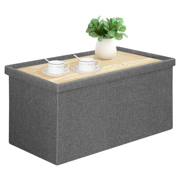 PINPLUS 30 " Ottoman with Storage Bench, Folable Ottoman Coffee Table with Tray, Foot Rest,Toy Chest Box for Living Room, Bedroom ,Linen Fabric (Grey)