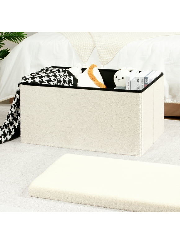 PINPLUS 31.5" Folding Ottoman Storage Bench,Foot Rest Stool Seat for Living Room,White,Sherpa Fabric