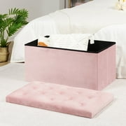 PINPLUS 31.5 Pink Velvet Ottoman with Storage Bench, Collapsible Toy Chest Box for Girls, Footstool for Living RoomRectangular