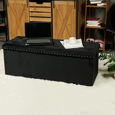PINPLUS 43.3" Black Velvet Ottoman Storage,Extra Large End of Bed Storage Box with Lids,Footstool Folding Bench Window Seat with Rivet