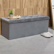 PINPLUS 43.3 Grey Velvet Ottoman Storage, Extra Large End of Bed Storage Box with Lids, Footstool Folding Bench Window Seat with Rivet