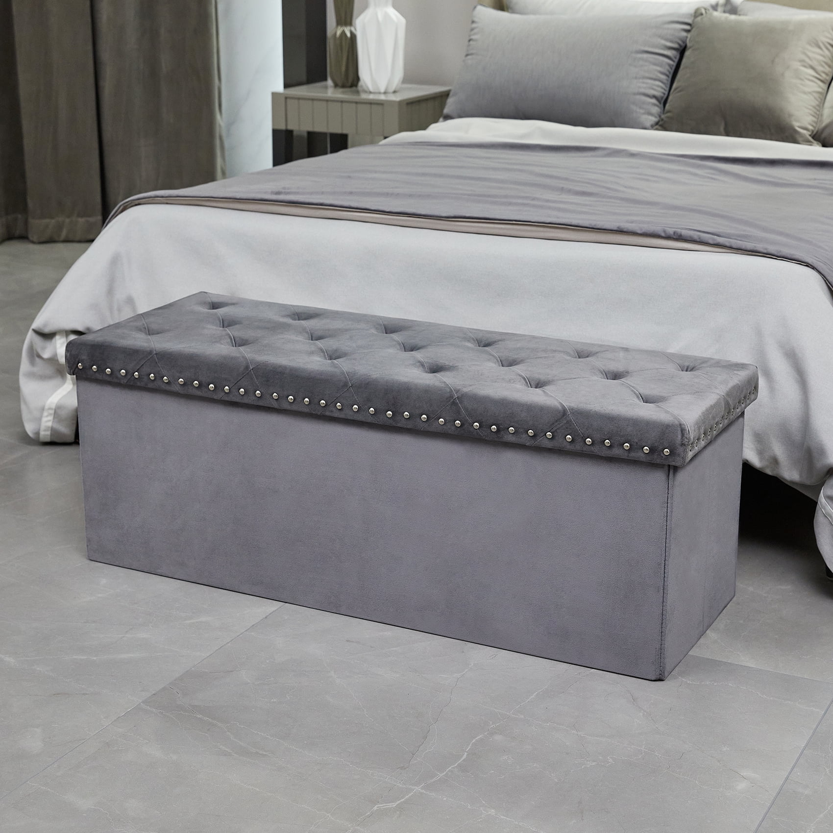 PINPLUS 43.3 Grey Velvet Ottoman Storage Extra Large End of Bed Storage Box with Lids Footstool Folding Bench Window Seat with Rivet