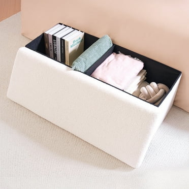 PINPLUS Folding Storage Ottoman Upholstered Sherpa Ottoman Bench Large Storage Chest for Living Room Bedroom White 43inch