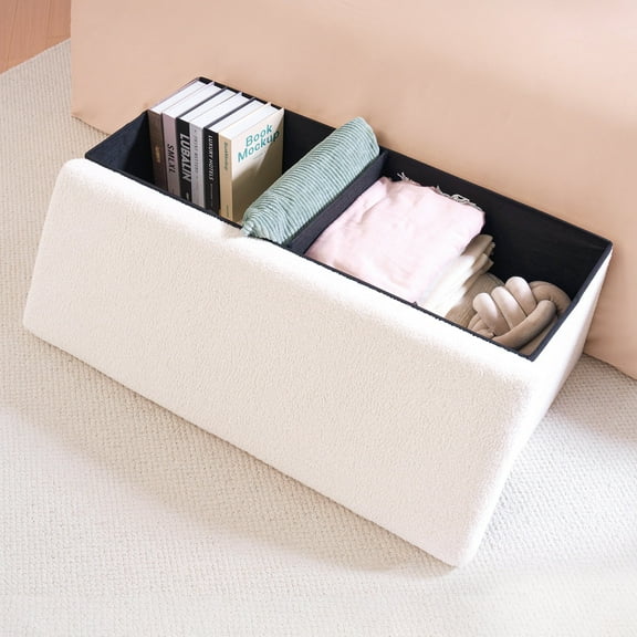 PINPLUS Folding Storage Ottoman Upholstered Sherpa Ottoman Bench Large Storage Chest for Living Room Bedroom White 43inch