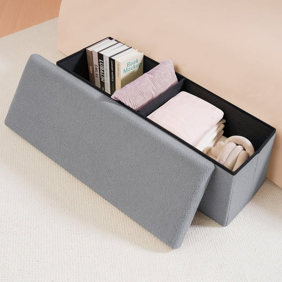 PINPLUS Storage Ottoman Bench Ottoman Foot Rest,43" Storage Chest with Lids&Divider for Living Room,Entryway,Grey