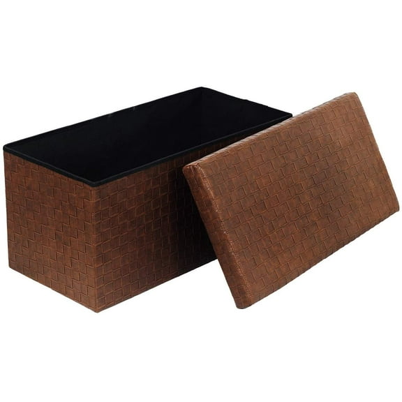PINPLUS Folding Storage Ottoman, Faux Leather Footrest Stool Long Bench, Brown 30"x15"x15"