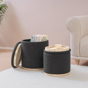 PINPLUS Round Ottoman with Storage Set of 2 Stool Ottomans Round Sherpa Storage Ottoman, Ottoman Chair Foot Rest Coffee Table Seat DARK GREY