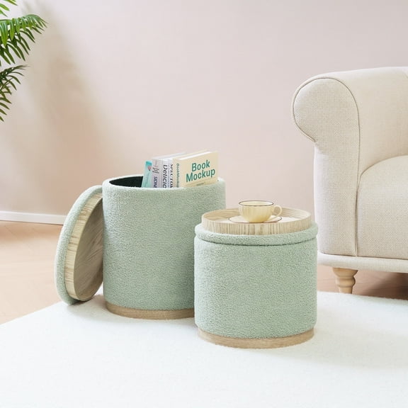 PINPLUS Round Ottoman with Storage Set of 2 Stool Ottomans Round Sherpa Storage Ottoman, Ottoman Chair Foot Rest Coffee Table Seat GREEN