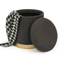 PINPLUS Round Storage Ottoman with Tray Gold Edge Stool Leg Folding Foot Rest for Living Room Dark Grey,Sherpa Fabric