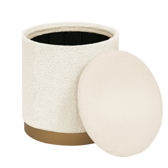 PINPLUS Round Storage Ottoman with Tray Gold Edge Stool Leg Folding Foot Rest for Living Room White,Sherpa Fabric