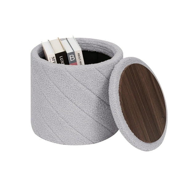 PINPLUS Small Storage Ottoman with Tray Collapsible Foot Rest Stool Seat for Living Room Grey,Sherpa Fabric