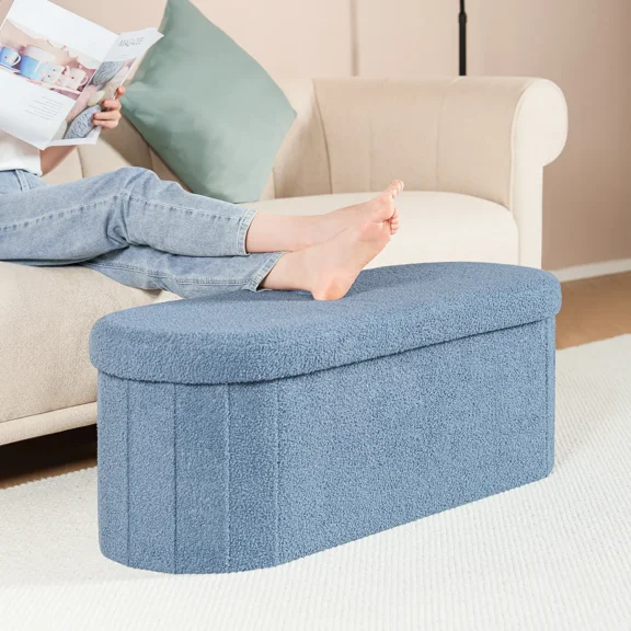 PINPLUS Storage Ottoman Bench Tufted Oval Ottoman Bench Foot Rest Velvet Bench with Storage 43" Blue
