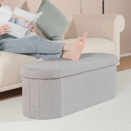 PINPLUS Storage Ottoman Bench Tufted Oval Ottoman Bench Foot Rest Velvet Bench with Storage 43" Grey