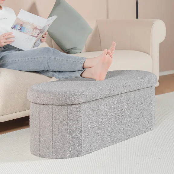 PINPLUS Storage Ottoman Bench Tufted Oval Ottoman Bench Foot Rest Velvet Bench with Storage 43" Grey