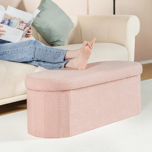 PINPLUS Storage Ottoman Bench Tufted Oval Ottoman Bench Foot Rest Velvet Bench with Storage 43" Pink