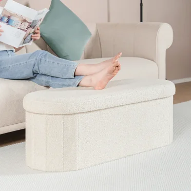PINPLUS Storage Ottoman Bench Tufted Oval Ottoman Bench Foot Rest Velvet Bench with Storage 43" White